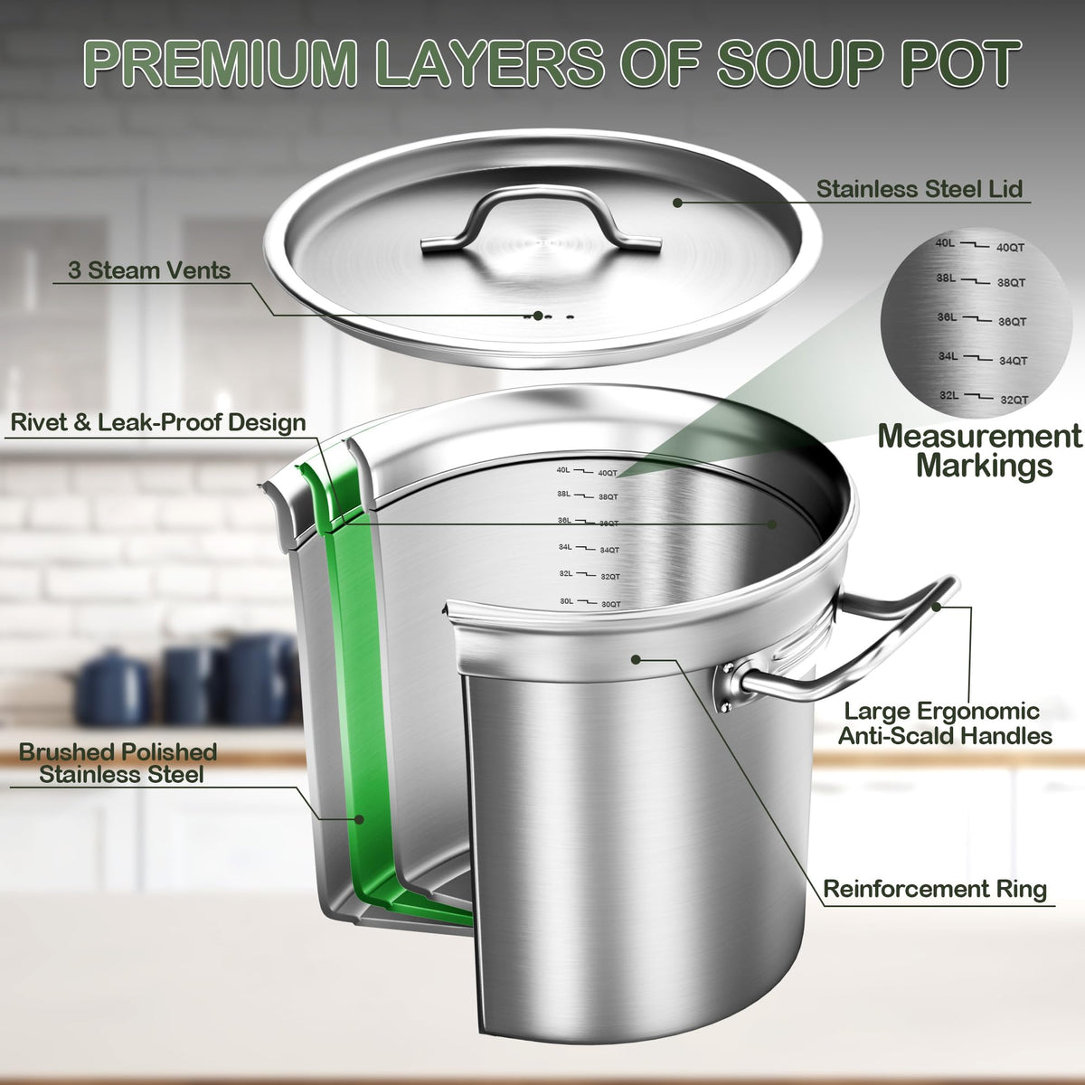40QT Stainless Steel Stockpot with Lid V10324