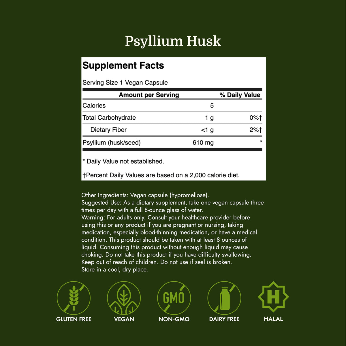 Psyllium Husk Dietary Fiber Supplement, 610 mg, 300 Capsules G182