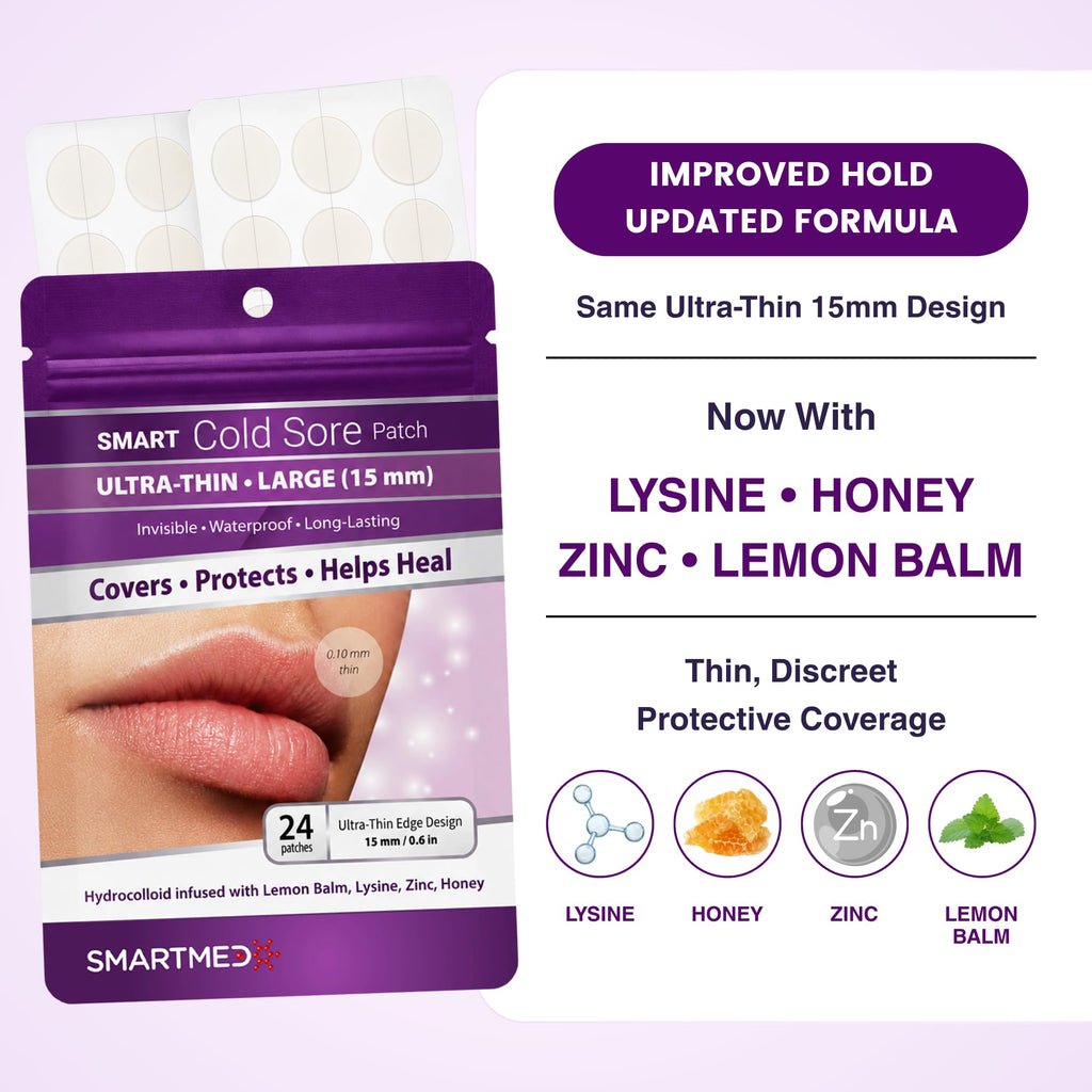 15 mm Hydrocolloid Cold Sore Patches with Lysine, Honey, Zinc & Lemon Balm, 24 Count J904