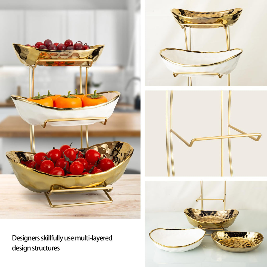 3 Tier White Gold Ceramic Fruit Bowl A9805