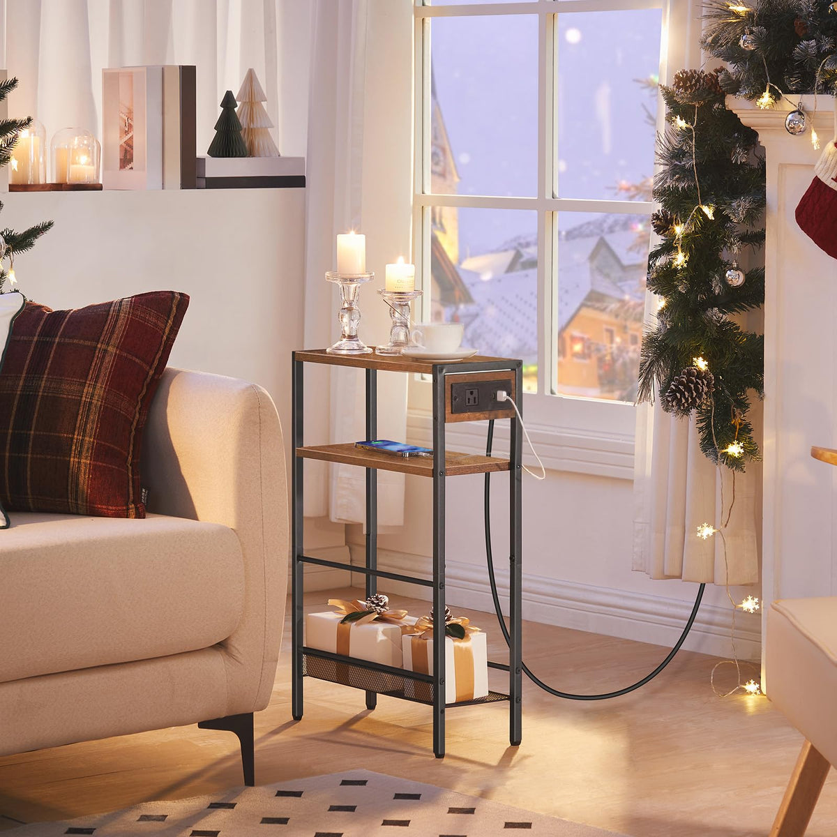 Small Narrow Side Table with Charging Station and Storage Shelf G165954