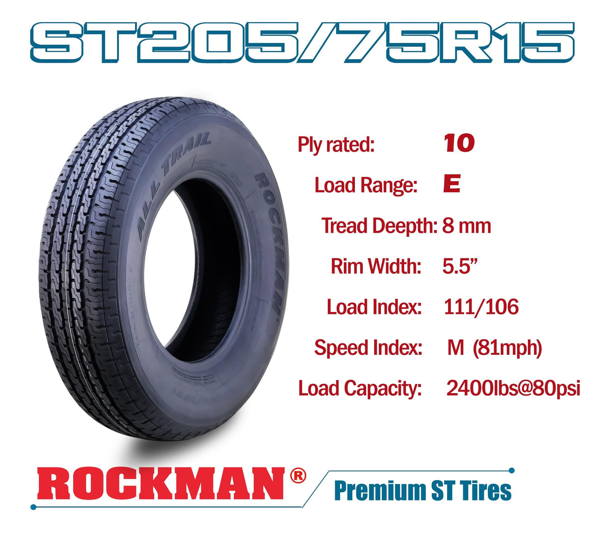 Heavy Duty Trailer Tire ST205/75R15 10-Ply Set4 E705998