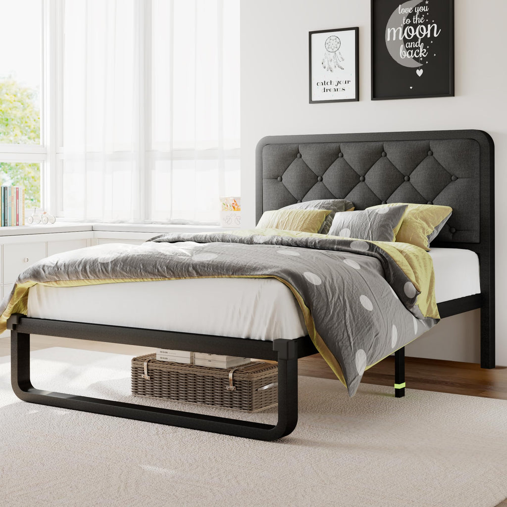 Twin Metal Platform Bed Frame with Linen Upholstered Headboard P9103