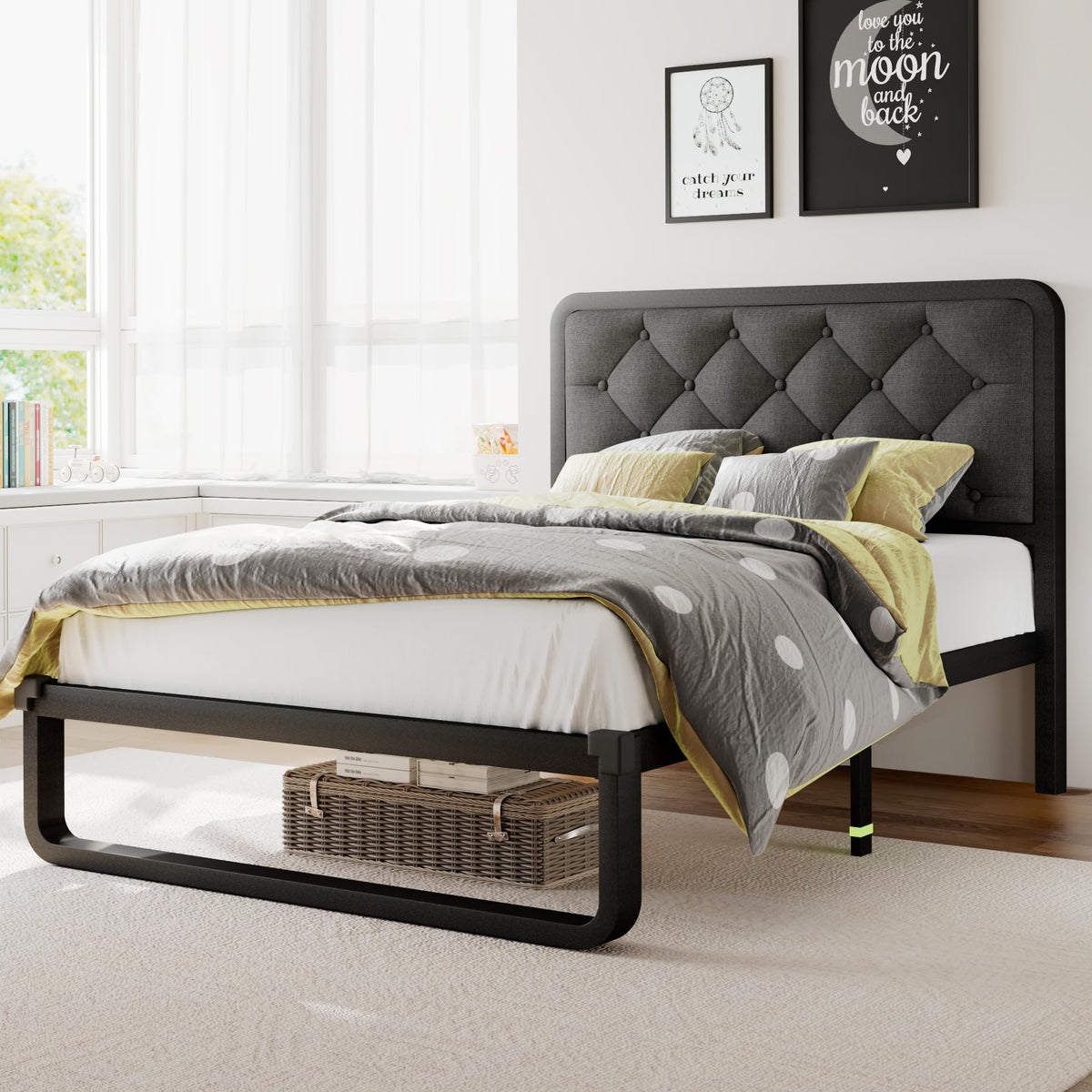 Twin Metal Platform Bed Frame with Linen Upholstered Headboard P9103