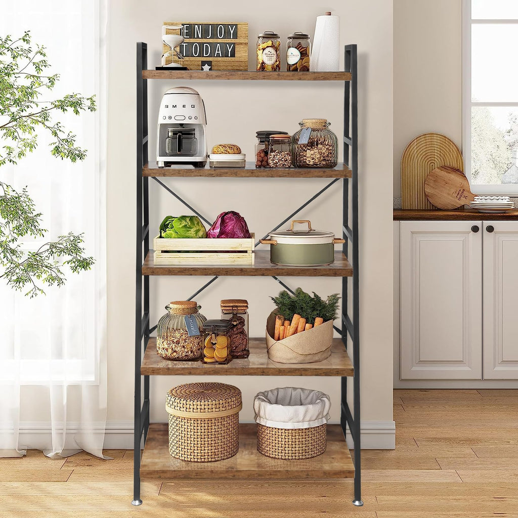 5 Tier Rustic Brown Wood and Metal Bookshelf E49880