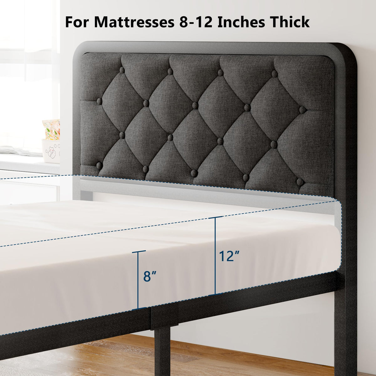 Twin Metal Platform Bed Frame with Linen Upholstered Headboard P9103