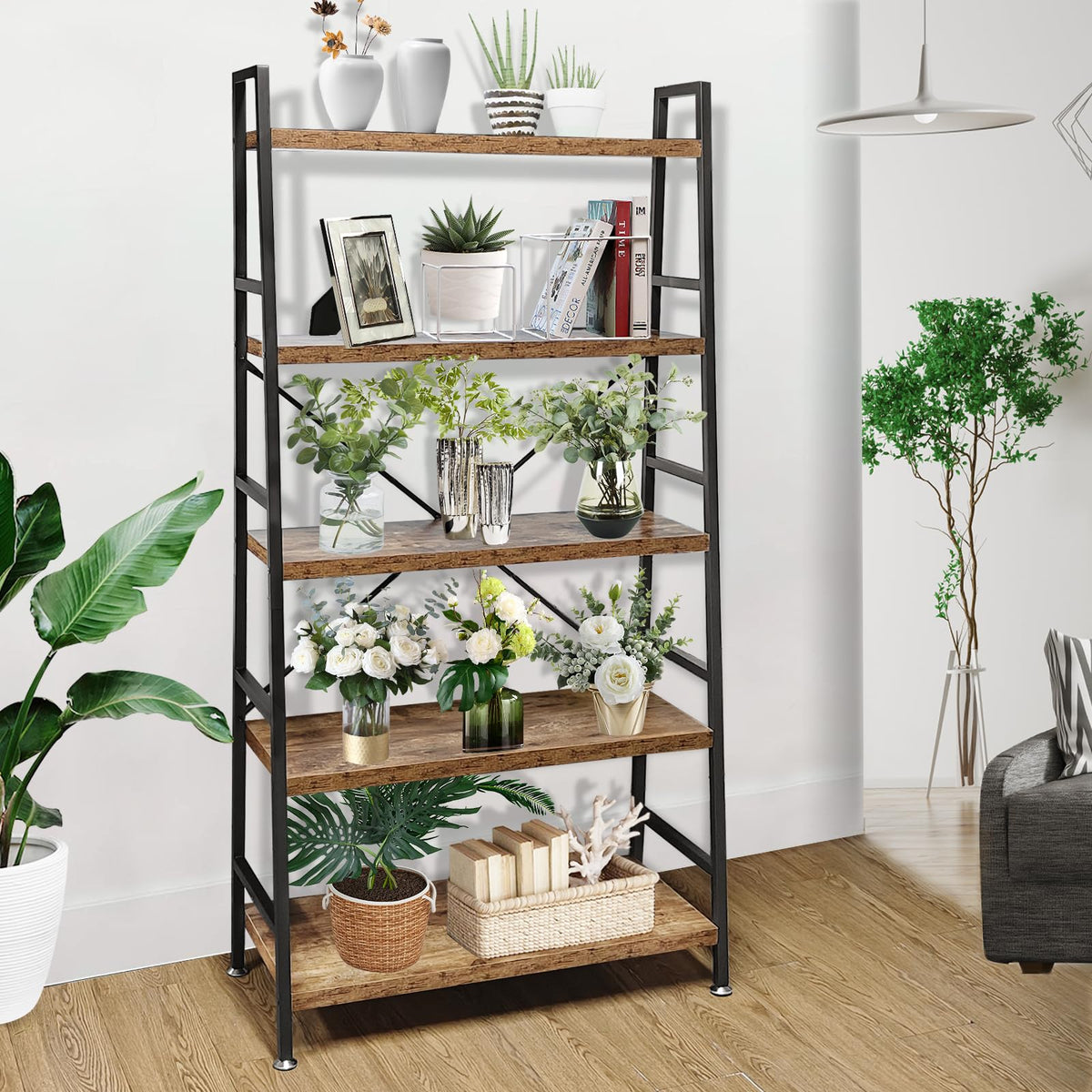 5 Tier Rustic Brown Wood and Metal Bookshelf E49880
