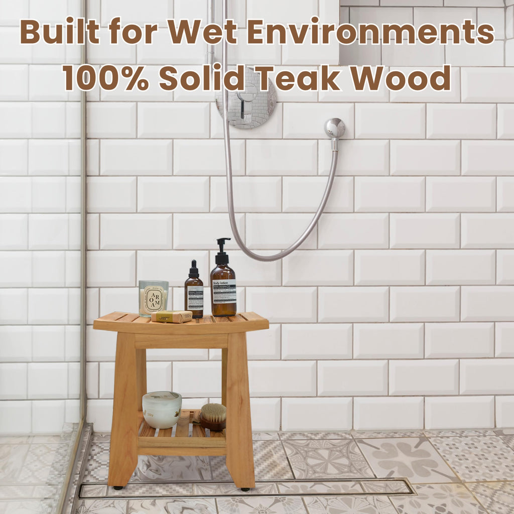 14'' Waterproof Teak Shower Bench with Storage Shelf X1191