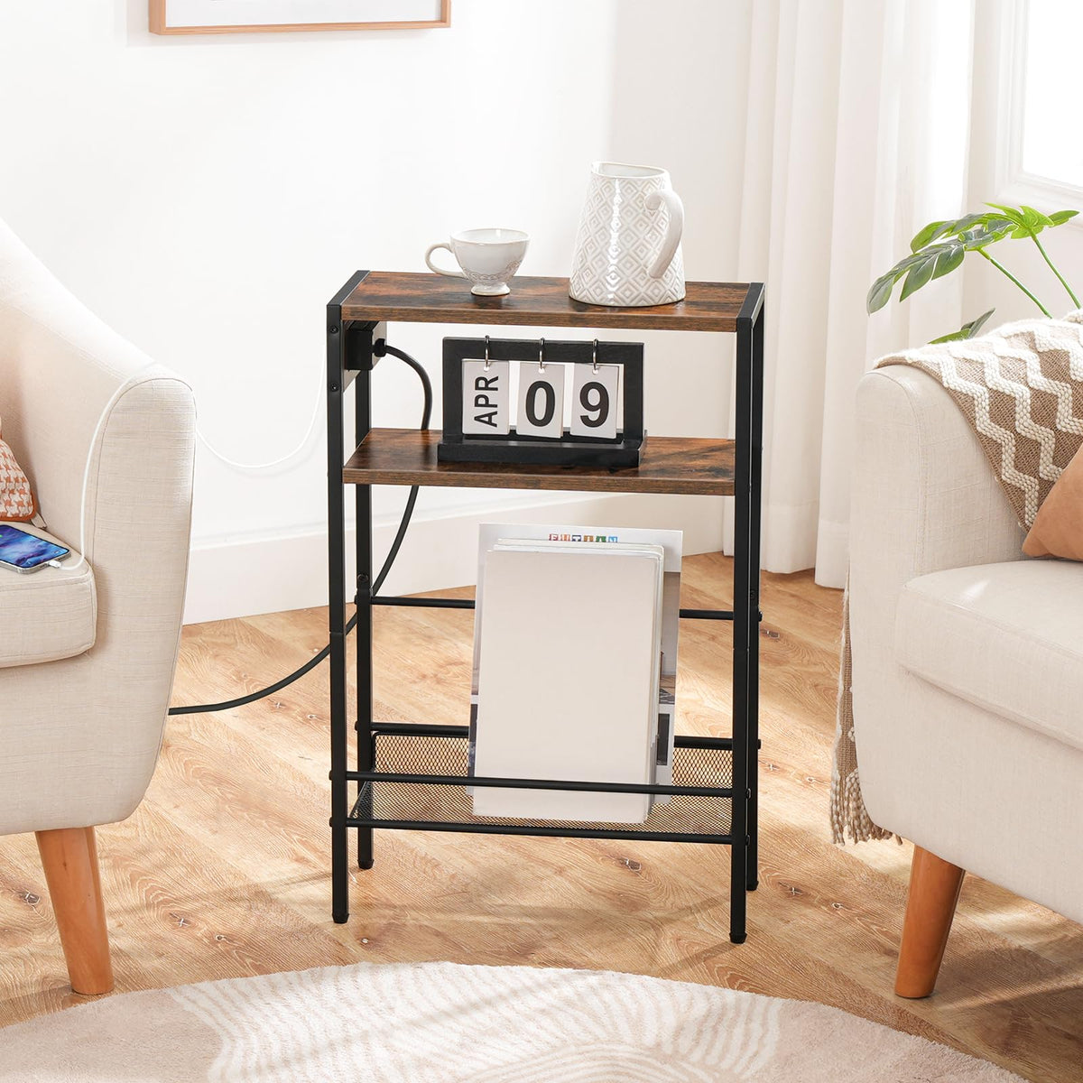 Small Narrow Side Table with Charging Station and Storage Shelf G165954