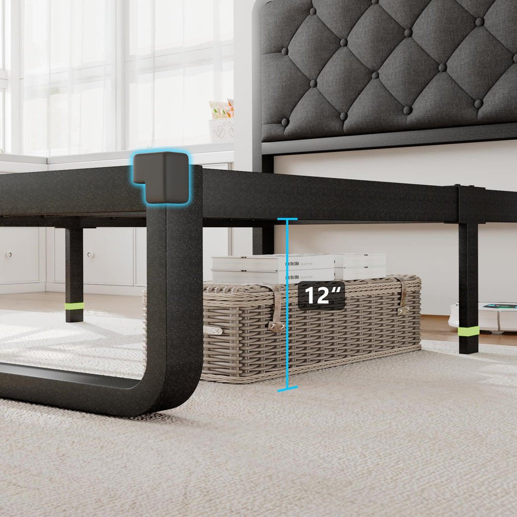 Twin Metal Platform Bed Frame with Linen Upholstered Headboard P9103