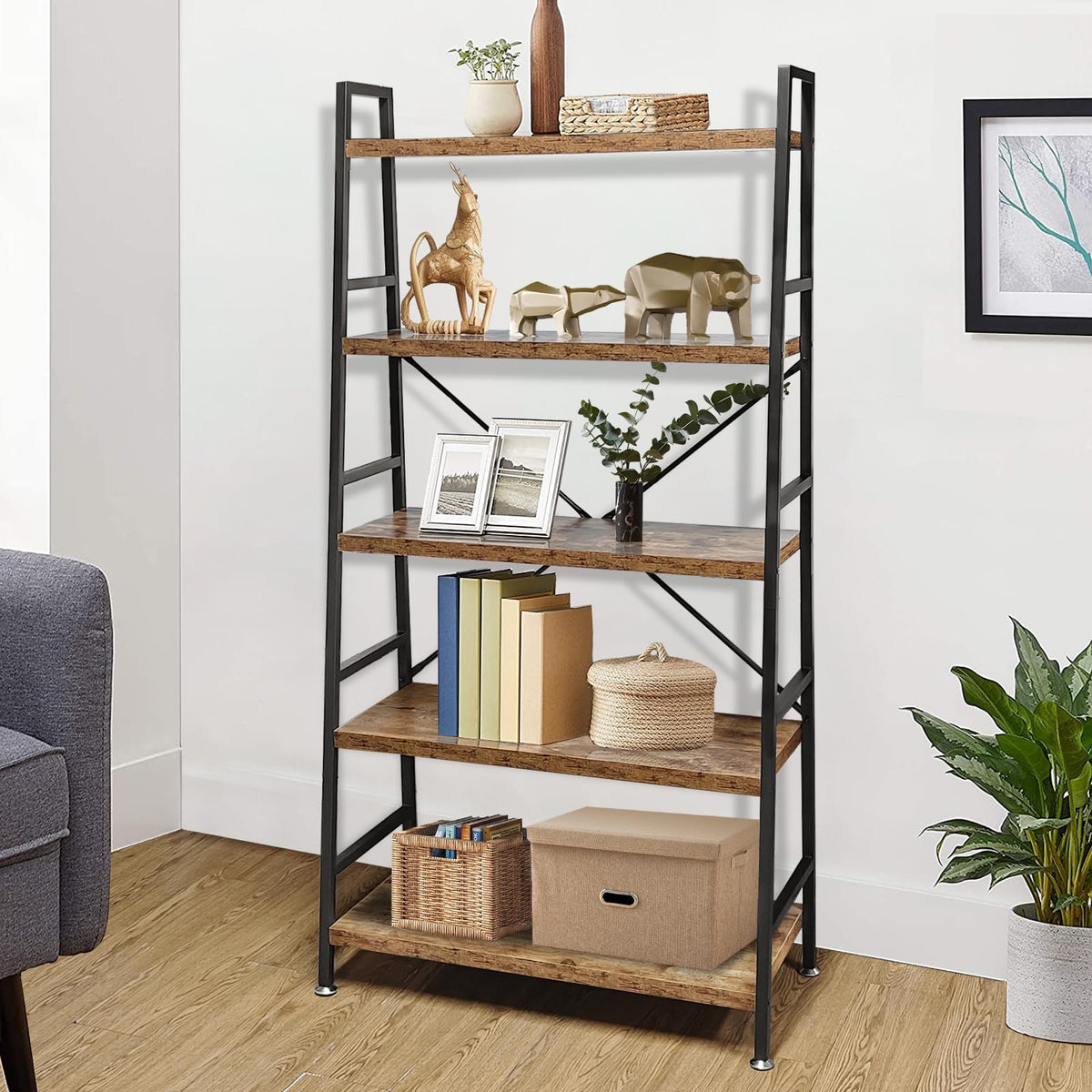 5 Tier Rustic Brown Wood and Metal Bookshelf E49880
