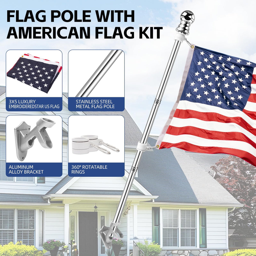 5 FT Flag Pole Kit with 3x5ft American Flag Stainless Steel Q72250