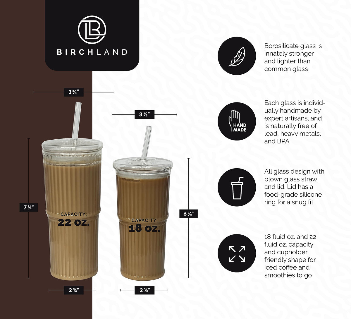 Glass Iced Coffee Cup with Lid and Straw, Set of 2 I658