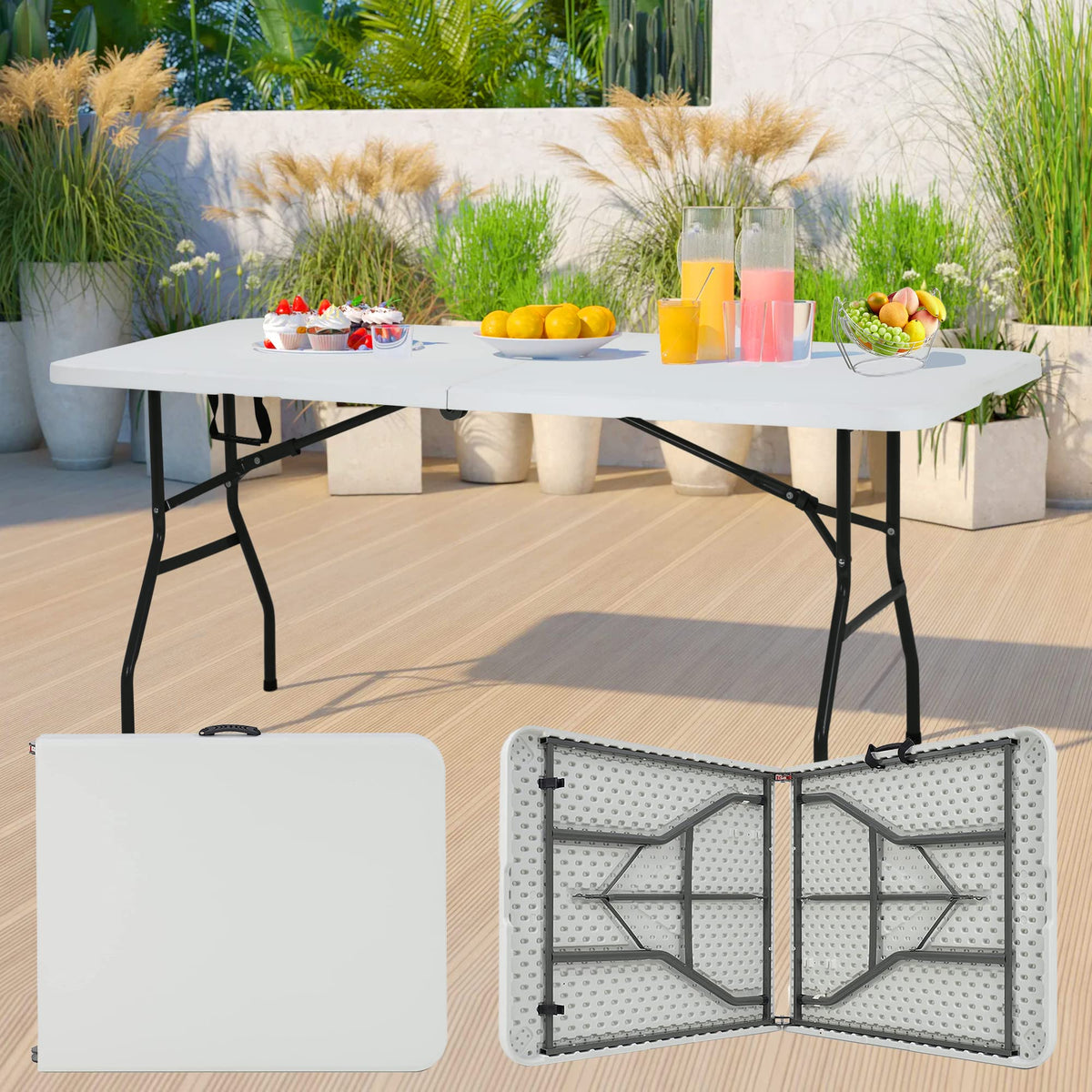 Portable Folding Table 6 FT Long with Handle White D974