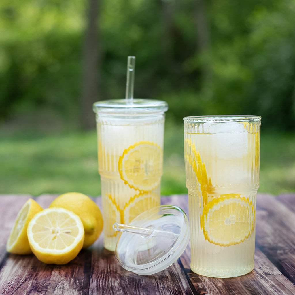 Glass Iced Coffee Cup with Lid and Straw, Set of 2 I658