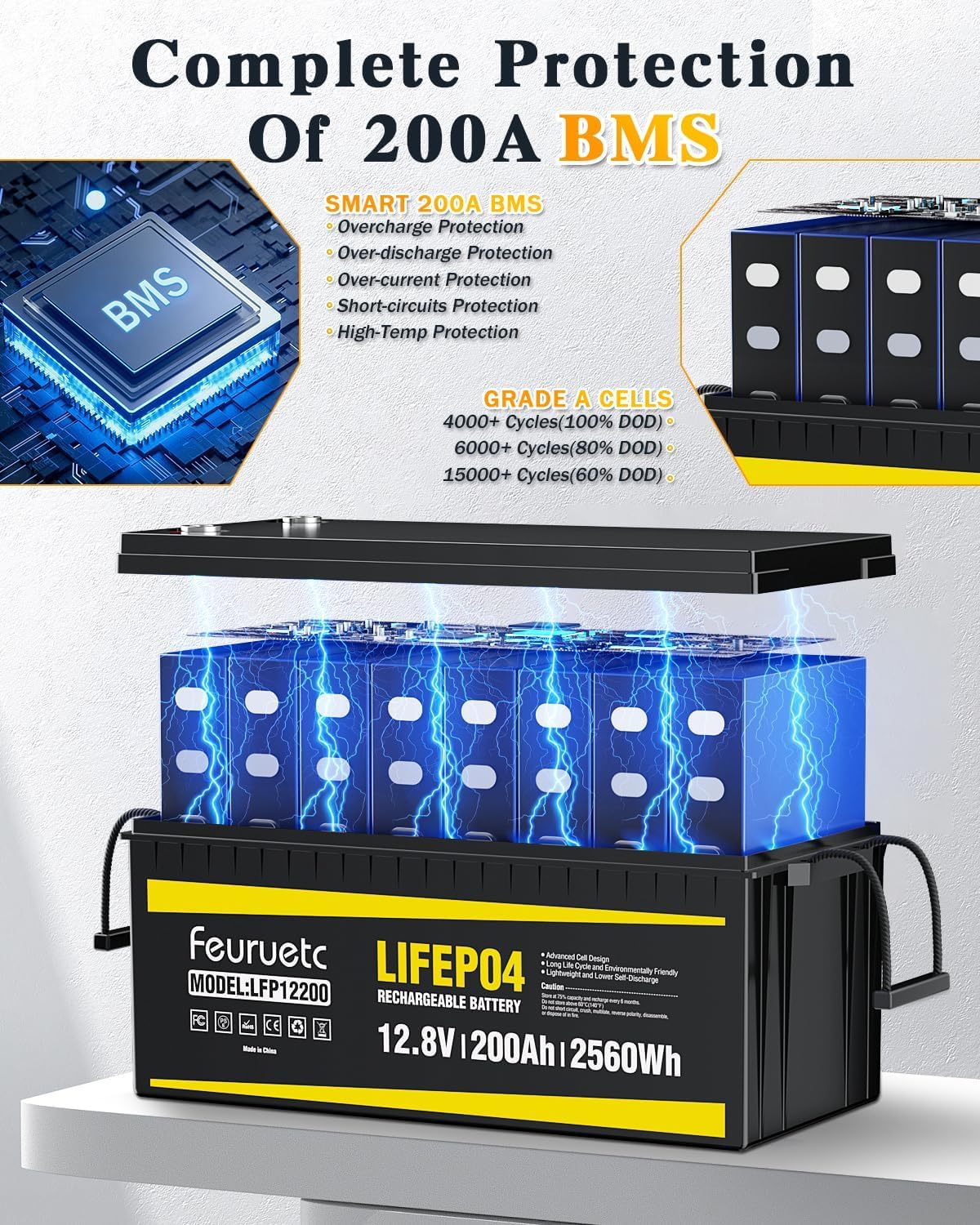 12V 200Ah LiFePO4 Deep Cycle Lithium Battery with 200A BMS V877