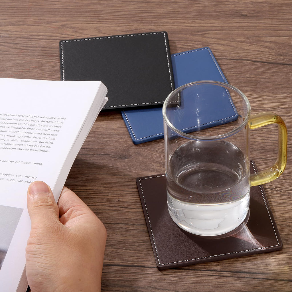 White Stitched Dual Sided Leather Coasters Set of 4 Q853
