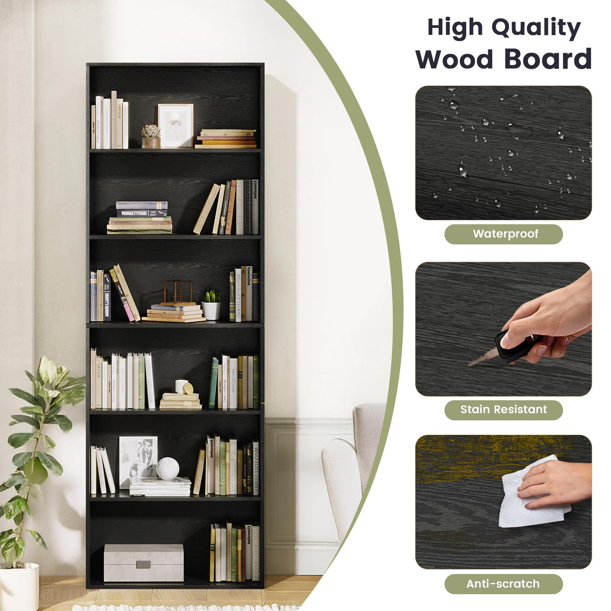 71" Tall 6-Tier Black Bookshelf O933261